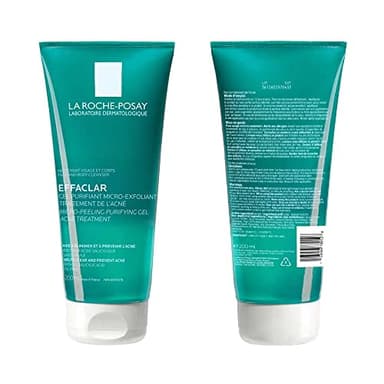 La Roche Posay Effaclar Micro-Peeling Purifying Gel Cleanser Acne Treatment. 2% salicylic acid face & body wash with niacinamide. Unclogs pores, exfoliates, acne marks. Oil-free, sensitive skin, 200ML