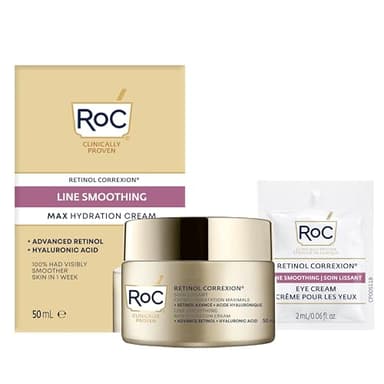 RoC Retinol Correxion Max Daily Hydration Anti-Aging Face Moisturizer with Hyaluronic Acid, Oil Free Skin Care Cream for Fine Lines, Dark Spots, Post-Acne Scars, 50ml, with Retinol Eye Cream Packette