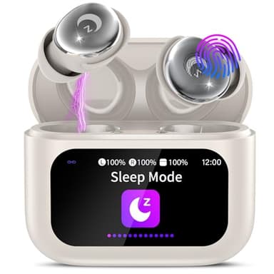 VEKJ Sleep Earbuds, Bluetooth 5.4 Mini Wireless Ear Euds with Multifunctional Touch Screen, 48H Bass Stereo Headphones with Sleep Mode/5 EQ Modes/ENC Noise Cancelling, IPX7 Earphones, Off-White