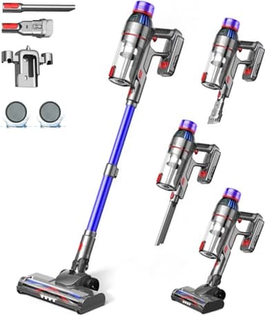 MQDXE Cordless Stick Vacuum Cleaner: 550W Powerful Suction, LED Display, 55 Min Runtime, Anti-Tangle Brush, Rechargeable Battery, Lightweight for Home, Pet Hair, Hard Floors, Carpet (Blue)