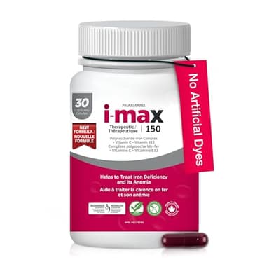 Pharmaris i-max Iron Supplement, 150 mg Polysaccharide-Iron Complex, 250 mg Vitamin C, 1000 mcg Vitamin B12, Iron Supplements for Deficiency Anemia Treatment, No Artificial Dyes, Vegan, 30 Capsules