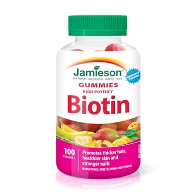 Jamieson High Potency Biotin Gummies with Vitamin C and E, Mixed Flavours, Supports Thicker Hair, Healthier Skin and Stronger Nails. Vegetarian, Gelatin-Free, Gluten-Free, No Artificial Flavours, Colours, or Preservatives, 100 Count