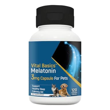 Vital Basics Melatonin 3 mg for Dogs & Cats | 120 Capsules | Calming & Sleep Support Supplement | Helps Reduce Stress, Anxiety & Restlessness.