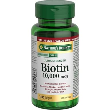 NATURE'S BOUNTY Biotin, Ultra Strength, 10,000 mcg, Promotes Hair Growth, Thicker Healthier Nails, Stronger Thicker Hair & Healthier Skin, Helps Metabolize Nutrients, Softgels, 55.4 g