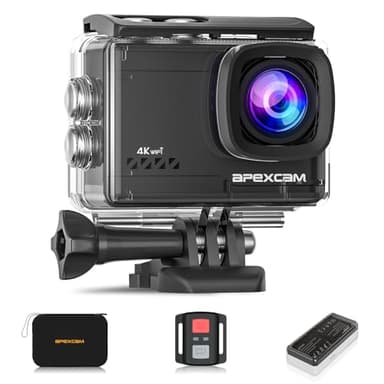 Apexcam 4K 60FPS 64MP WiFi EIS Action Camera Underwater Waterproof Camera Sports Camera Camcorder Ultra HD 40M 2.4G Wireless Remote Control 2.0'' LCD Screen 2x1350mAh Batteries and Accessories