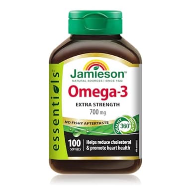 Jamieson Extra Strength Omega-3 700 mg, No Fishy Aftertaste, Supports Heart, Brain, and Eye Health, Arthritis Support. With EPA and DHA, Non-GMO, Gluten-Free, 100 Softgels, Proudly Canadian
