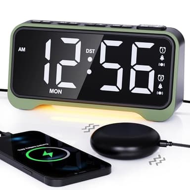 ROCAM Loud Alarm Clock for Heavy Sleepers with Bed Shaker, Vibrating Alarm Clock with Dual Alarms Weekday Weekend Mode, Brightness 0%-100%, Warm Night Light, Power-Off Memory