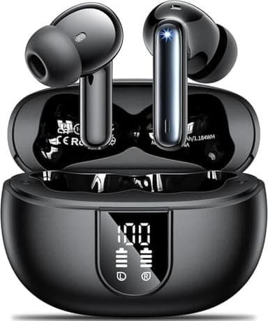 Wireless Earbuds, 2025 Wireless Headphones HiFi Stereo Earphones with 4 ENC Noise Canceling Mic, 42Hs Playtime In Ear Earbud, Bluetooth 5.3 Sport Earphones with LED Power Display for Android iOS Black