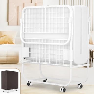 Cyclysio 75 X 31'' Folding Bed with Storage Cover, Cot Size, Portable Foldable Bed with Memory Foam Mattress, Large Folding Beds for Adults, Guest Beds with Sturdy Metal Frame & Wheels, White