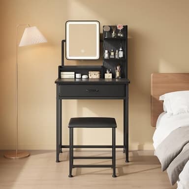 Makeup Vanity Desk with Mirror and Lights, Small Vanity with Fabric Storage Drawer & Chair & Shelves, Black Compact Makeup Vanity Set for Bedroom