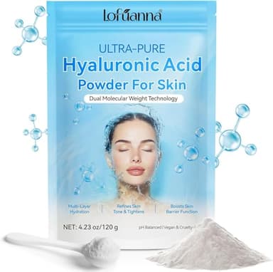 Hyaluronic Acid Serum, 100% Ultra-Pure Hyaluronic Acid Powder, High Molecular Weight, Deep Hydration and Moisture Support Hyaluronic Acid Supplements, Vegan, Water Soluble for All Skin Types 120g