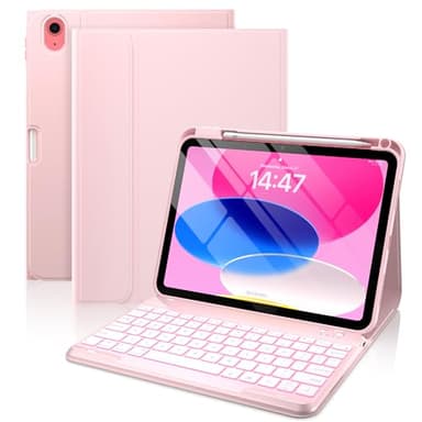 typecase Folio Keyboard Case for iPad 10th Gen 10.9 inch (2022) and iPad 11th (A16, 2025), Magnetic Wireless Detachable Keyboard, 7-Color Backlight, Thin & Light, Pencil Holder – Light Pink