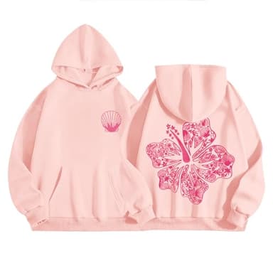 Lubpow Cute Pink Hoodie Kids Girls Aesthetic Preppy Hibiscus Flower Puff Hoodies Kawaii Hawaii Palm Beach Graphic Pullover, Pink, 9-10 Years