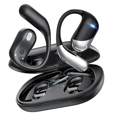 Open Ear Wireless Earbuds, Sports Bluetooth Headphones with Real Time Translation, 80Hrs Playtime with LED Power Display, Noise Canceling Headset, IP55 Waterproof Earphones for Workout/Running (Black)