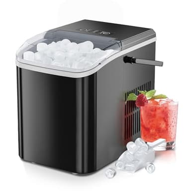 Sweetcrispy Countertop Ice Maker with Handle, 26lbs/24H Portable Ice Machine, 9 Bullet Ice Cubes Ready in 6 Mins, Self-Cleaning, Quiet Compact Ice Maker for Home, Kitchen, RV, Camping, Dark Black