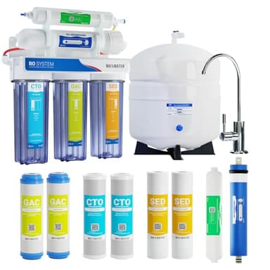 Max Water 5 Stage 50 GPD Reverse Osmosis Water Filtration System + Faucet + NSF Certified Tank + 4 Extra Replacement Filter Cartridges – Clear Housing – Wall Mount/Under Sink RO System