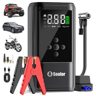 6000A Booster Pack Jump Starter with Air Compressor, Car Booster Battery Pack,10-in-1 Battery Power Pack 12V Jump Box with 160PSI Tire Inflator LED Light and Jumper Cables (10L Diesel All Cars)