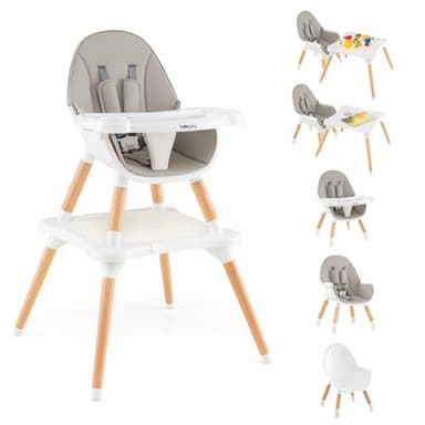 BABY JOY 6 in 1 High Chair, Convertible High Chairs for Babies and Toddlers/Booster Seat/Table and Chair Set, Infant Wooden Highchair w/ 5-Point Harness, 4-Position Removable Tray & PU Cushion, Gray