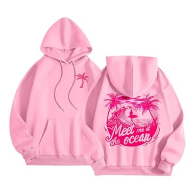 Palm Puff Hoodie for Women Teen Girls Beach Style Oversized Sweatshirt Y2K Cute Graphic Long Sleeve Pullover Kangaroo Pocket (A02-Pink, Small)