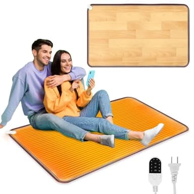 QOUBAI PVC 110V Heated Floor Mat Heater for Foot Warmer Under Desk 31.5 x 20 Inch Carbon Crystal Wood Stripe Electric Heating Carpet Pad Energy Saving Indoor Heated Rug for Home Office House Brown