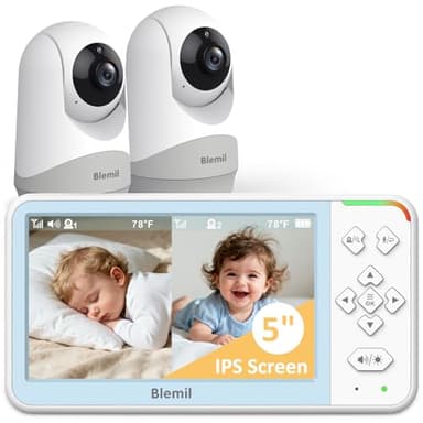 Blemil 5" Split Screen Video Baby Monitor with 2 Cameras and Audio, 4000mAh Battery, No WiFi, No APP, Remote Pan/Tilt/Zoom Camera, 2-Way Talk, Night Vision, 1000ft Range, Temperature