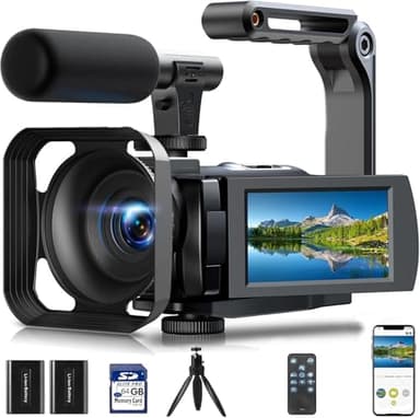 Camcorder Video Camera 5K, 56MP Vlogging Camera for YouTube with WiFi IR Night Vision 16X Digital Zoom 3” 270° Touchscreen Cam Corder with 2 Batteries, 64GB Card, Remote, Mic, Lens Hood, Tripod