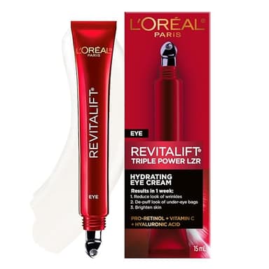 L’Oréal Paris Eye Cream For Wrinkles, with Hyaluronic Acid, Vitamin C, Under Eye Cream to Reduce Look of Wrinkles and Under-Eye Bags, Revitalift Triple Power LZR, Skincare, 15ml