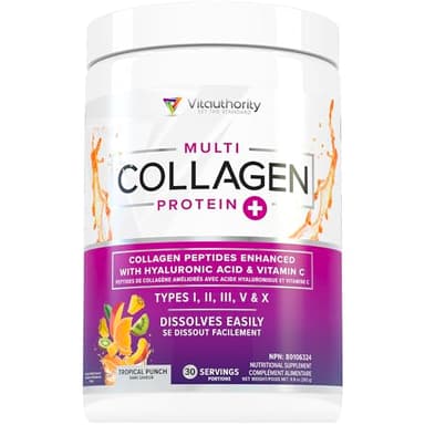 Multi Collagen Peptides Powder with Hyaluronic Acid & Vitamin C | Hydrolyzed Collagen Powder Types I, II, III, V, X | Quick Dissolving | Keto Friendly, Non-GMO | Tropical Punch Flavor, 30 Servings