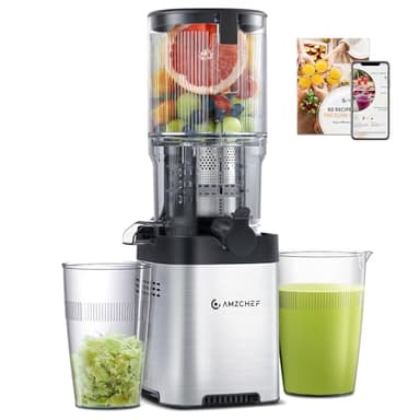 AMZCHEF Juicer Machine, Cold Press Juicer - 5.4" Large Feed Chute for Whole Fruits & Vegetables, Stainless Steel Slow Masticating Juicer Easy to Clean, Large Auger, Double Strainers, Silver