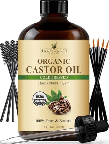 Handcraft Blends Cold-Pressed Organic Castor Oil in Glass Bottle with Lash Brushes - 118 ml - 100% Pure and Natural - Nourishing Bath & Body Oil for Skin, Hair & Nails, Eyelashes and Eyebrows