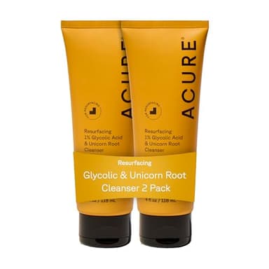 Acure Resurfacing 1% Glycolic Acid & Unicorn Root Cleanser - Exfoliating Face Wash, Glycolic Acid Cleanser for Face, Brightening Anti Aging Cream to Foam, Sulfate Free, Vegan, 118ml, Pack of 2