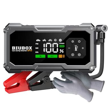 Portable Jump Starter with Air Compressor, BiuBox 7000A 150PSI Car Battery Booster Pack Jump Starter (All Gas/9L Diesel), 12V Car Booster Battery Pack with Insulated Gloves, LED Display, Light