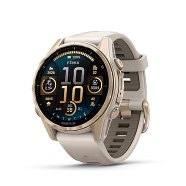 Garmin fēnix 8 – 43mm, AMOLED, Sapphire, Premium Multisport GPS Smartwatch, Long-Lasting Battery Life, Dive-Rated, Built-in LED Flashlight, Soft Gold with Dark Sandstone Band