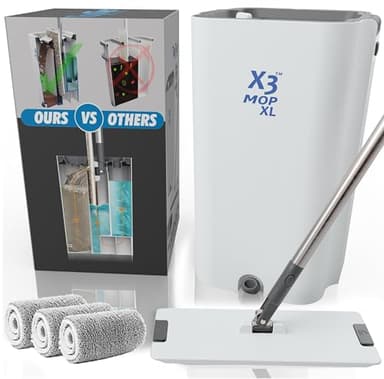 X3 Mop XL, Separates Dirty and Clean Water, 3-Chamber Design, Flat Mop and Bucket Set, Hands Free Home Floor Cleaning, 3 Reusable Microfiber Mop Pads Included