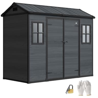 Outsunny 8 x 4 FT Resin Outdoor Storage Shed with Floor, Wood-Effect Garden Shed with Lockable Doors and Windows, for Tools, Bike, Generator, Garbage Can and Lawn Mower