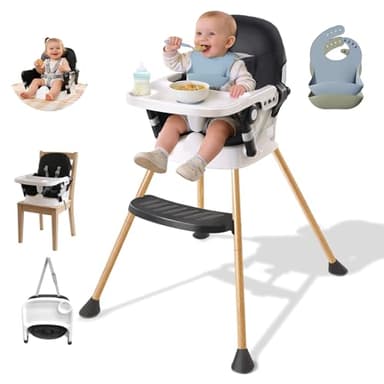 zebrater High Chairs for Babies and Toddlers, Portable Baby High Chair with Dual-Layer Adjustable Food Tray & Footrest, Compact Infant Feeding Chair, Toddler Dining High Chair with 5-Point Harness, Easy to Fold & Clean, Includes 2 Baby Bibs, Black