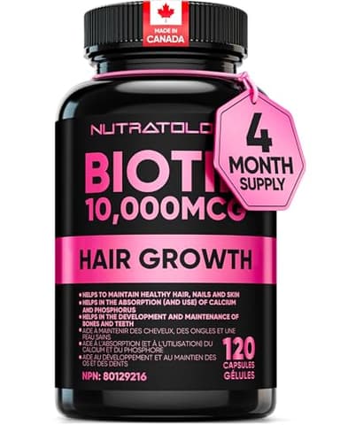 Biotin 10000MCG Hair Vitamins For Hair Growth Women | Canadian-Made | Promotes Healthy Skin & Nail Growth - Supports Muscle Function - Biotin Supplement - Hair Growth Products for Women - 120 capsules
