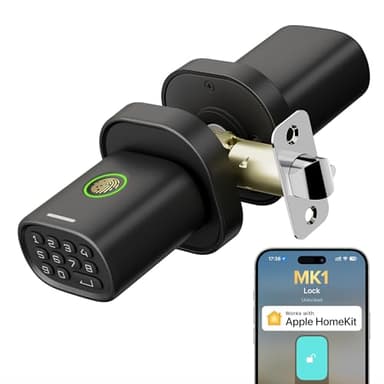 ThorBolt Fingerprint Door Lock with Keypad Door Knob, HomeKit Lock Over 𝗧𝗛𝗥𝗘𝗔𝗗, HomeKit Hub 𝗥𝗲𝗾𝘂𝗶𝗿𝗲𝗱, 𝗶𝗢𝗦 𝗢𝗡𝗟𝗬 Smart Lock for Interior Door, Bedroom, Office, MK1 (Black)