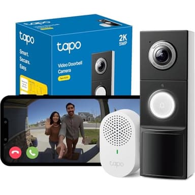 TP-Link Tapo Smart Video Doorbell Camera with Chime, Battery or Wired, 2K 5MP Color Night Vison, No Monthly Fee, 180° Ultra-Wide Head-to-Toe View, Free AI Detection, Cloud & Local Storage (Tapo D235)