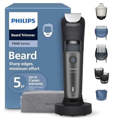 Philips Beard Trimmer 7000 Series - Self-sharpening Metal Blades, 40 Lock-in Settings, BeardSense Technology, Hair Collector, 100% Waterproof, Charging Stand, Travel Pouch, Model BT7665/15