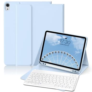 KenKe for iPad(A16) 10th/11th Generation Case with Keyboard (10.9/11 inch) 2022/2025, Soft TPU Back Stand Cover with Pencil Holder, Magnetically Detachable Wireless Bluetooth Keyboard, Sky Blue