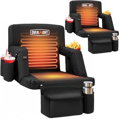 Overmont 2PCS Heated Stadium Seat with Back Support - 3 Heat Levels Dual-Zone Independent Control - 6-Position Recliner Wide Cushion Dual Hooks & Pockets - Bleacher Chair for Sport Camping Concerts