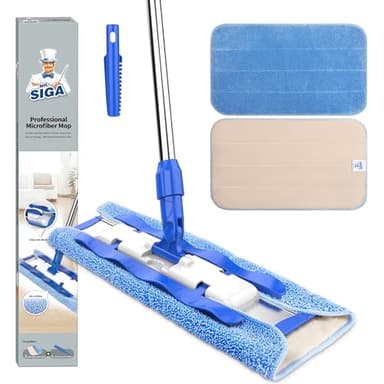 MR.SIGA Professional Microfiber Mop for Hardwood, Laminate, Tile Floor Cleaning, Stainless Steel Handle - 3 Reusable Flat Mop Pads and 1 Dirt Removal Scrubber Included