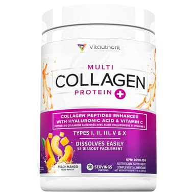 Multi Collagen Peptides Powder with Hyaluronic Acid & Vitamin C | Hydrolyzed Collagen Powder Types I, II, III, V, X | Quick Dissolving | Keto Friendly, Non-GMO | Peach Mango Flavor, 30 Servings