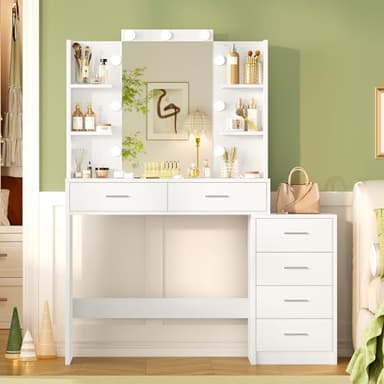TEENFON Vanity Desk with 6 Drawers, 6 Open Shelves, Makeup Vanity with Mirror and Lights, Dressing Table with 3 Lighting Color Adjustable, Bedroom, White