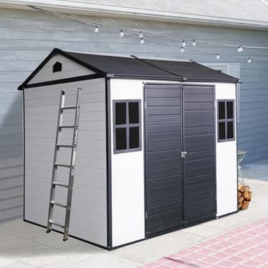 8x6 Ft Large Outdoor Storage Shed, Resin Garden Shed with Floor, 2 Windows & Lockable Door, Waterproof Tool Shed for Backyard, Patio, Garden