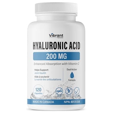 Ultra High Purity Hyaluronic Acid Supplement - 95%+ Highly Purified and Highly Bioavailable, 200mg Formula, Skin & Joint Health, With Vitamin C, Non-GMO Fermentation, Made In Canada, 120 Capsules
