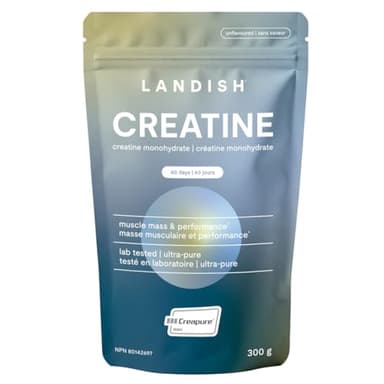 Landish Creatine Monohydrate Powder – Creapure®, German-Made Micronized Creatine – Canadian Brand – Increases Muscle Mass & Improves Strength – For Women & Men – Vegan –Unflavoured – 300 g (60 Servings)