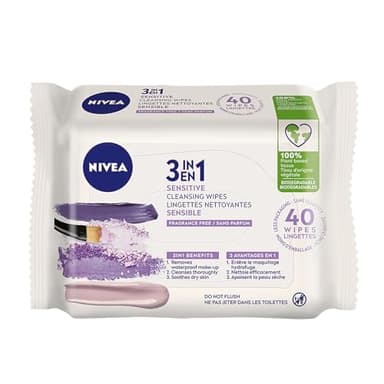 NIVEA 3-in-1 Biodegradable Face Cleansing & Makeup Removing Wipes for Sensitive Skin, 40 Wipes