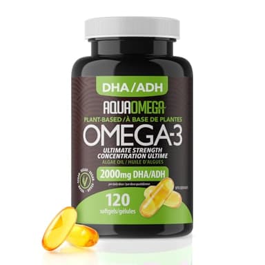 AQUAOMEGA Ultimate Strength Plant Based Omega 3 Supplements, Vegetarian Omega3 Supplements, High DHA Supplement from Algae Oil, Vegan Omega 3 Supplement Made in Canada, 120 Softgels